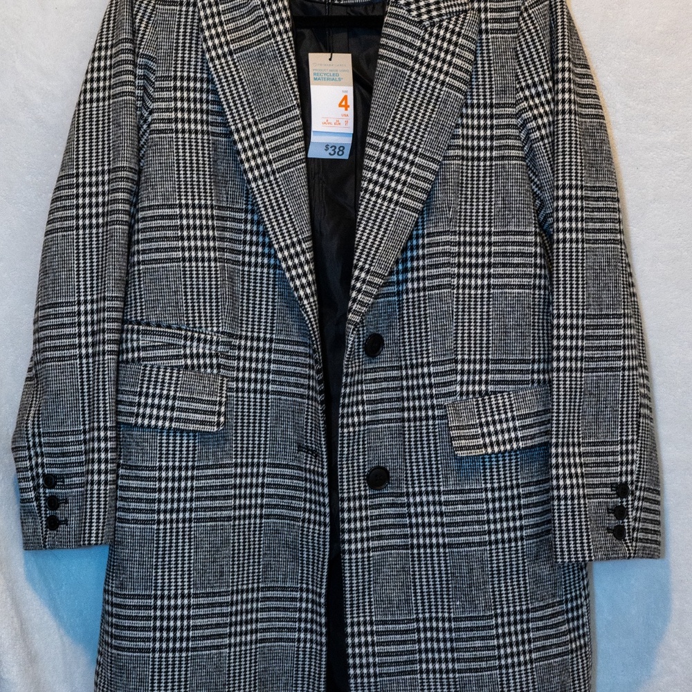 Long Plaid Black and White Pea Coat